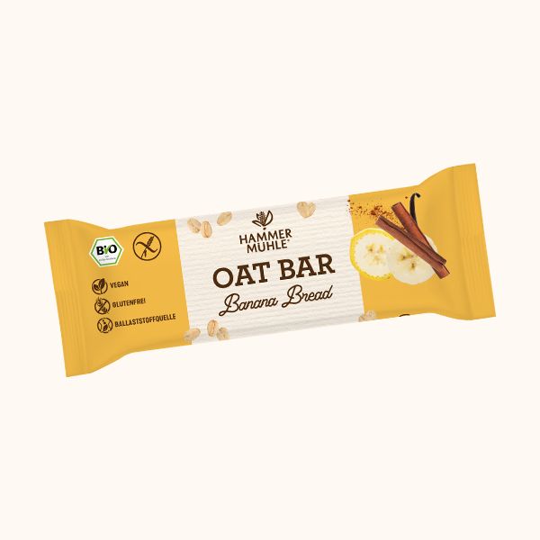 Bio Oat Bar Banana Bread 45g - Hammermühle

Der Bio Oat Bar Banana Bread von Hammermühle verbindet glutenfreie Hafervollkornflocken mit intensivem Bananengeschmack und einer feinen Zimt-Vanille-Note