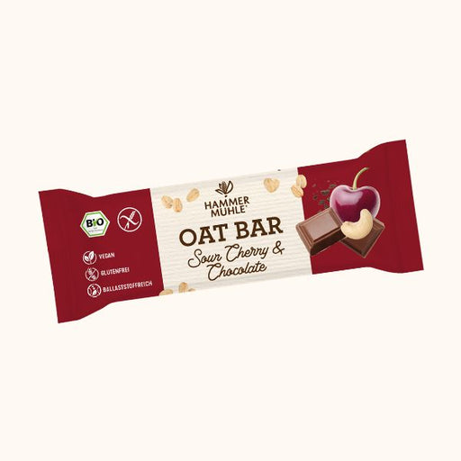 Bio Oat Bar Sour Cherry & Chocolate 45g - Hammermühle

Der Bio Oat Bar Sour Cherry & Chocolate von Hammermühle kombiniert kernige glutenfreie Hafervollkornflocken mit Cashewkernen, fruchtigen Sauerkirschen und feinen Schokoladendrops
