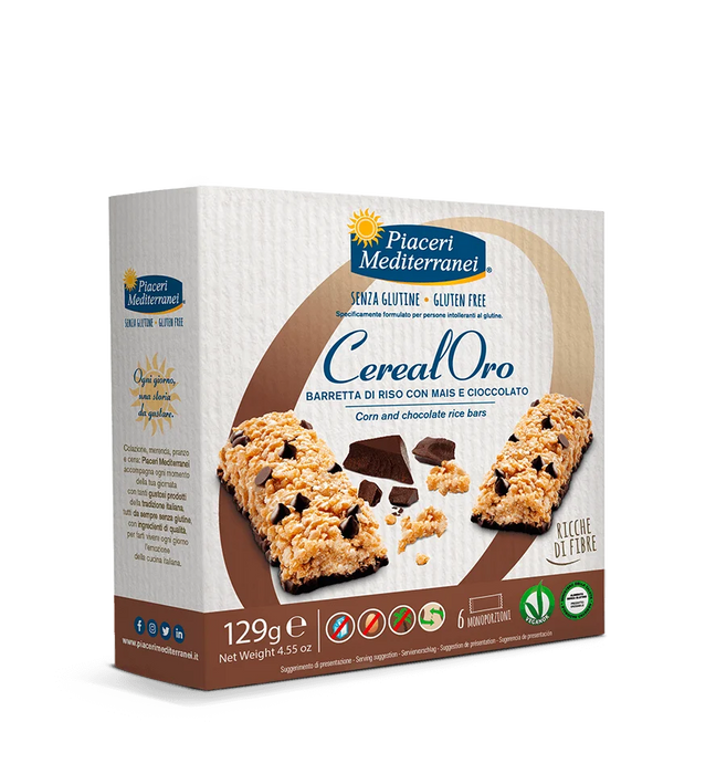 Cereal Oro - Riegel mit Schokolade 129g- Piaceri Mediterranei

Der neue schokoladige Snack, Baretta di Riso con Mais e Cioccolato, ist ideal für den kleinen Hunger zwischendurch und wird von Piaceri Mediterranei natürlich glutenfrei produziert.