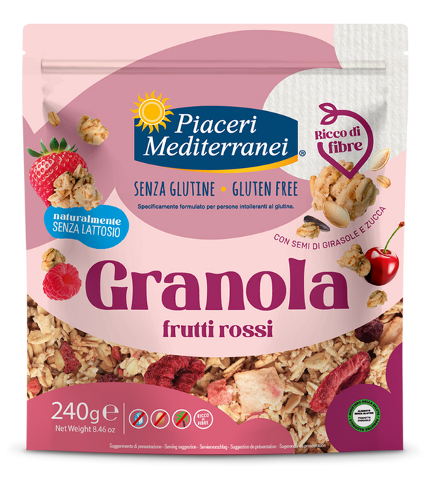 Granola Frutti Rossi 240g-Piaceri

Genießen Sie die knusprige Granola Frutti Rossi, eine köstliche Mischung aus glutenfreien Haferflocken und getrockneten roten Früchten wie Erdbeeren, Himbeeren und Kirschen.