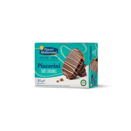 Piacerini Tabs Caramel 81g- Piaceri

Knusprige, zweifarbige Waffeln treffen auf eine cremige Caramellfüllung – umhüllt von zarter dunkler Schokolade und verfeinert mit feinen Streifen heller Schokolade.